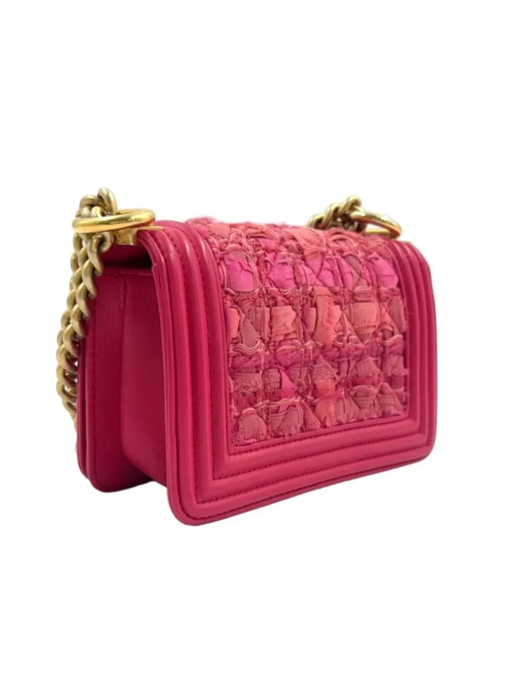 Chanel Boy Small Tweed Lambskin Pink Chain Shoulder Bag Gold